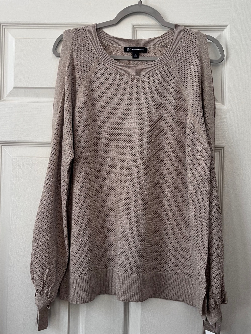 INC International Concepts Sweater Women’s XL Tan Metallic Long Split Sleeve NEW